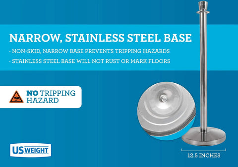 U2140 Premier Chrome Post And Black Velvet Rope Crowd Control Stanchions with narrow stainless steel base, 12.5 in diameter.