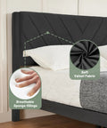Queen Size Platform Bed Frame With Velvet Headboard And Wing Edge Design Crafted From Solid Wooden Slats For Legit Noise Free Rest No Box Spring Needed Straight Up Easy Assembly Matte Black Finish with soft velvet fabric and breathable sponge fillings.