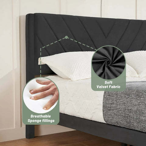 Queen Size Platform Bed Frame With Velvet Headboard And Wing Edge Design Crafted From Solid Wooden Slats For Legit Noise Free Rest No Box Spring Needed Straight Up Easy Assembly Matte Black Finish with soft velvet fabric and breathable sponge fillings.
