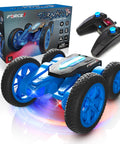 Tornado Blue LED Remote Control Car for Kids with Dual Sided Driving and 360 Flips 4WD Off Road Stunts Rad All Terrain Tires