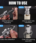 Four step usage guide for Three Piece Internal And External Pipe Threading Tool Set For One Half, Three Quarter, And One Inch PVC Pipes.
