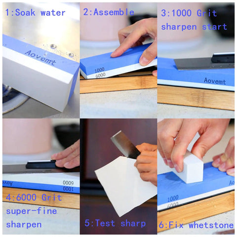 Double Sided Knife Sharpening Stone Kit With Grit 1000 And 6000 Wet Stone Non Slip Base Angle Guide And Flattening Stone steps