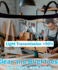 Clear UV Protective Safety Glasses With Side Shields For Yard Work And Gardening Grab These For Lawn Mowing Weed Whacking Hedge Trimming Woodworking And Construction Scratch Resistant Polycarbonate Lenses For Men Women And Kids displayed over workshop scene.