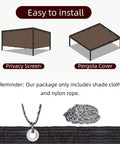 Diagram showing privacy screen and pergola cover setups with Mocha Shade Cloth With Grommets And Ropes For Outdoor Patio Pergola 80 Percent UV Blocking Sun Shade 10 By 20 Feet Mesh Cover For Greenhouse Garden And Backyard Easy Setup. Includes rope and grommets.