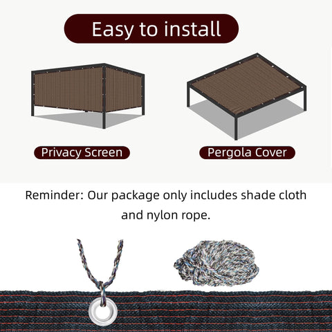 Diagram showing privacy screen and pergola cover setups with Mocha Shade Cloth With Grommets And Ropes For Outdoor Patio Pergola 80 Percent UV Blocking Sun Shade 10 By 20 Feet Mesh Cover For Greenhouse Garden And Backyard Easy Setup. Includes rope and grommets.
