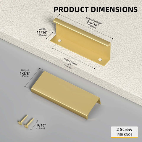 Heavy Duty Gold Finger Edge Pulls 3 Inch Cabinet Handles 20 Pack with dimensions showing size and installation details.