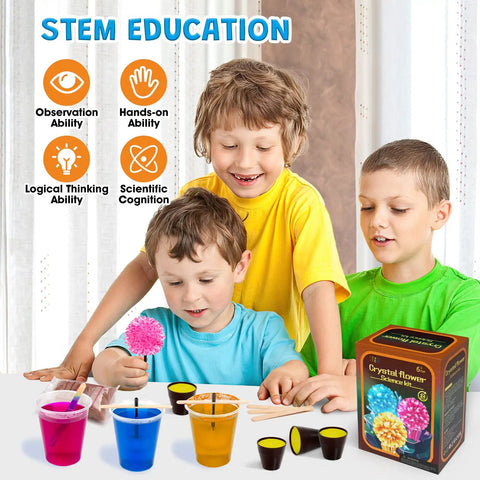 Kids using Crystal Growing Kit For Kids 8 To 12 Fast 24 Hour Science Lab Toys Set For STEM Learning shown on table