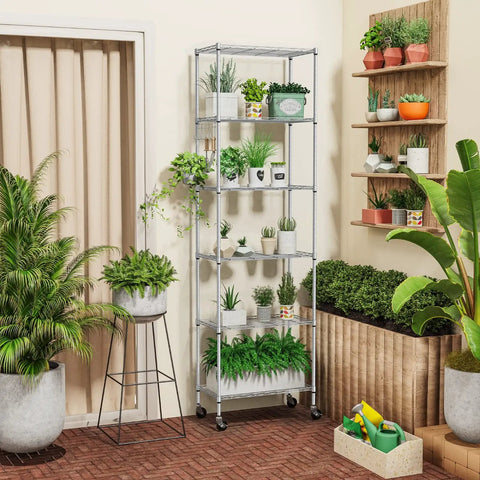 6 Tier Wire Shelving Unit With Caster Wheels And Stainless Side Hooks, adjustable storage rack with plants, in a garden setting.