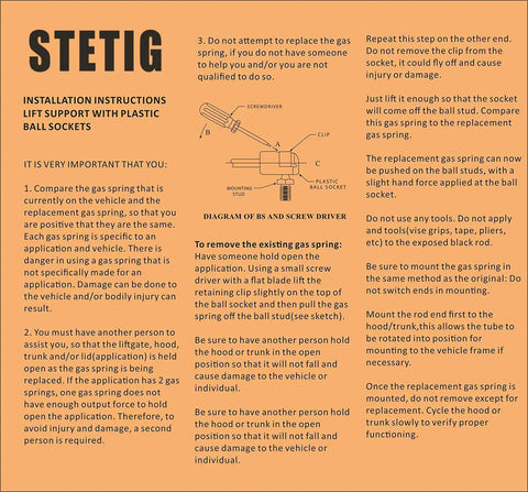 Installation instructions for Two Pack Twenty Point Seven Five Inch Rear Liftgate Struts with plastic ball sockets.