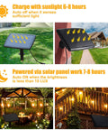 Collage showing 68Ft Solar Outdoor String Lights With USB Backup in garden and patio; solar panels and LED bulbs in various settings.
