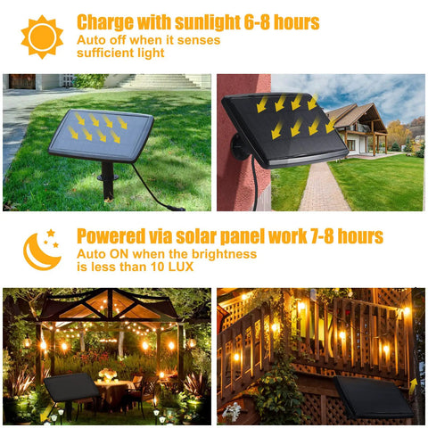 Collage showing 68Ft Solar Outdoor String Lights With USB Backup in garden and patio; solar panels and LED bulbs in various settings.