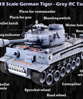 1/18 Scale German Tiger RC Tank with BB shooting, recoil action, smoke, sound, LED lights, turret 330-degree rotation view