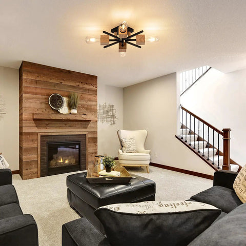 Living room with Cool 4 Light Sputnik Ceiling Light Fixture Black Flush Mount With Wood Base, Modern Farmhouse Style, installed