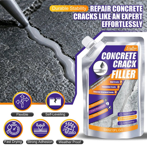 Premium Concrete Crack Filler Kit For Driveway And Patio Repair Features Self Leveling Cement Pouch with a grey filling in a crack.