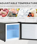 Slick 1.1 Cu Ft Compact Mini Upright Freezer With Removable Shelves And A Reversible Door For Total Layout Flex Plus Energy Efficient Cooling And Five Step Thermostat Adjustments To Keep Stashed Foods Bang Frozen with adjustable temperature shown from 6.8°F to -11.2°F.