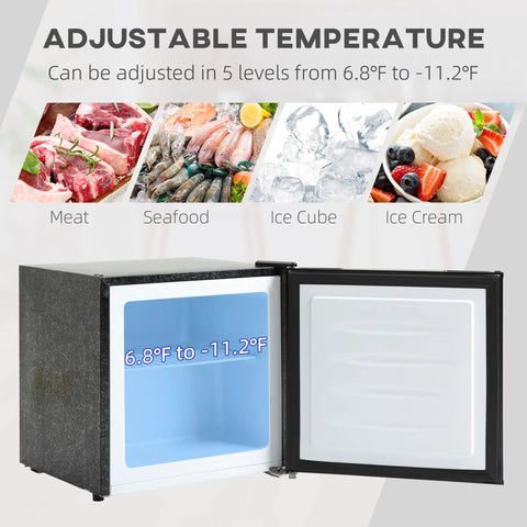Slick 1.1 Cu Ft Compact Mini Upright Freezer With Removable Shelves And A Reversible Door For Total Layout Flex Plus Energy Efficient Cooling And Five Step Thermostat Adjustments To Keep Stashed Foods Bang Frozen with adjustable temperature shown from 6.8°F to -11.2°F.