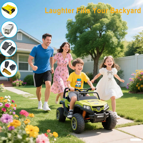Family outdoors with Ride On Toy Battery Adapter And DC Motor Speed Controller Kit for 24V Conversion with PWM Pedal Installation.