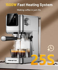 Kickin 20 Bar Espresso Maker With Rapid Cold Brew Touchscreen Panel Dual Milk Frother And 37 Oz Reservoir making coffee in 25 seconds.