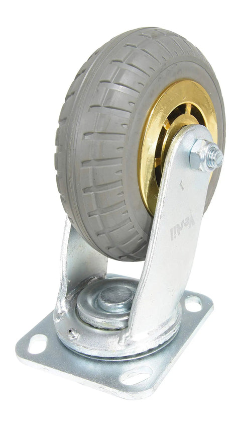 Heavy Duty Flat Free Swivel Caster Six Inch Diameter Two Inches Wide Solid Rubber Tread Rated 617 Pounds close-up view.