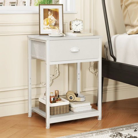 Small Space Friendly White Nightstand With Fabric Drawer And 3 Tier Storage End Table in bedroom setting