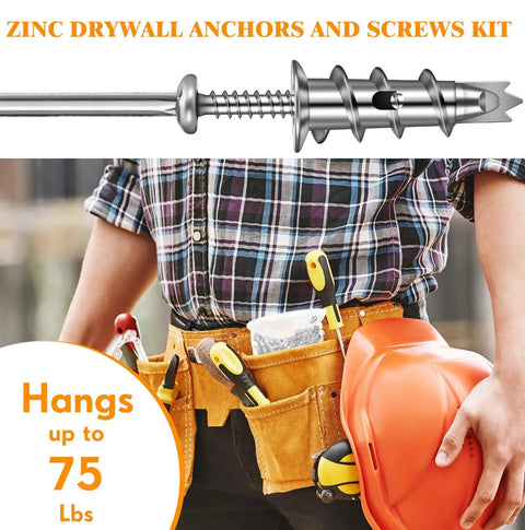 Worker holding Bulk 400 Piece Zinc Self Drilling Drywall Anchors And Screws Kit with tools and orange hard hat