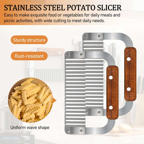 HOLEPU stainless steel crinkle potato cutter set with wooden handles, front view, 2 pieces