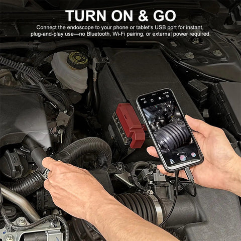 Using Endoscope Camera With Light 1920P HD Borescope to inspect car engine via smartphone connection with USB-C