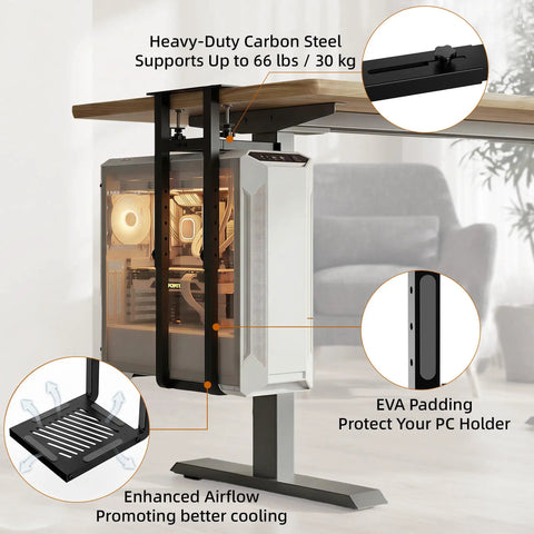 Under Desk PC Mount For Standing Desk Built Tough Heavy Duty Clamp And Drill CPU Holder 66 Lbs Capacity with visible components