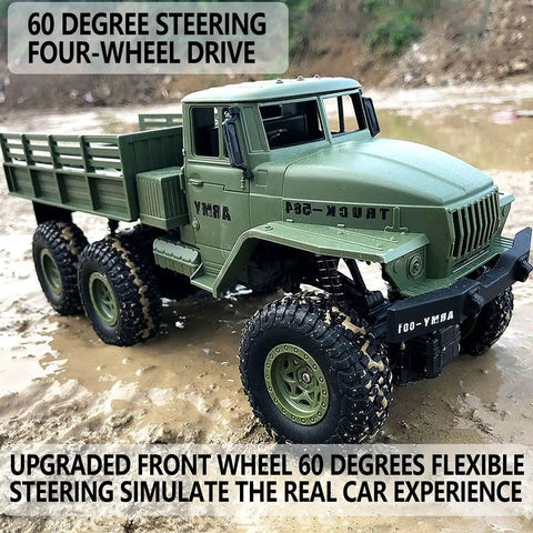 One Sixteenth Scale 6x6 RC Military Truck Off Road Toy Car 4WD All Terrain Army Transport Vehicle with rubber tires and LED.