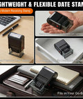 Heavy Duty Self Inking Date Stamp With Custom Message And Signature Replaceable Dual Color Ink Pad For Office Paperworks on a desk.