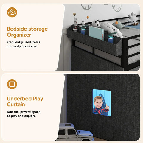 Low Loft Bed For Kids With Seven Storage Drawers And Built In Bookcase Twin Size Space Saving 14 Inch Guardrail Inclined Ladder LED Lights Under Bed Play Space Heavy Duty Steel Slat Support Gray with bedside organizer and underbed play curtain