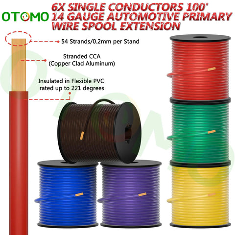 Six Color Code 14 Gauge CCA Wire Spool Set 100 Ft Each 600 Ft Total Single Conductor Automotive Primary Hook Up Wire SAE J1128