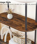 Five Tier Industrial Arched Bookshelf With Hella Sturdy Wooden And Metal Frame Rustic Brown Open Display Rack For Living Room showing wooden shelves with decor.