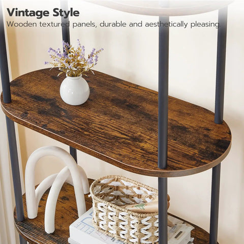 Five Tier Industrial Arched Bookshelf With Hella Sturdy Wooden And Metal Frame Rustic Brown Open Display Rack For Living Room showing wooden shelves with decor.