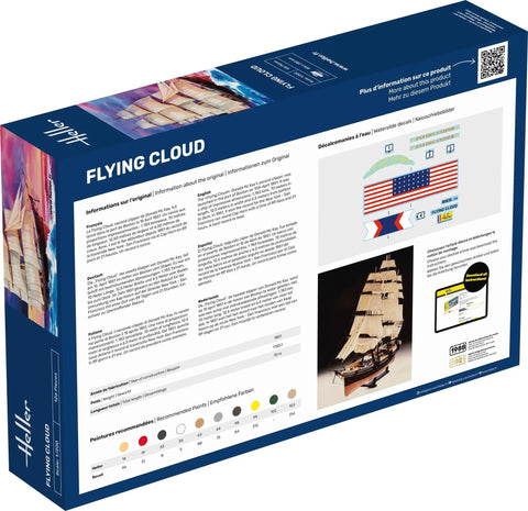 Back of box for Flying Cloud Plastic Model Kit Ship Build Set For Scale Modeling Fans showing features and detailed hull image.