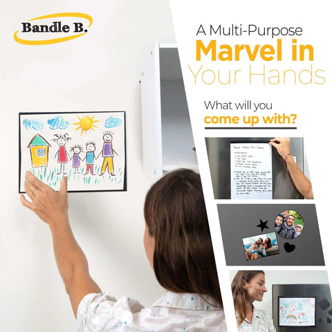 Person using flexible magnetic sheets with adhesive backing pack of four 8 by 10 inches each 16 mil thick create easy picture magnets.