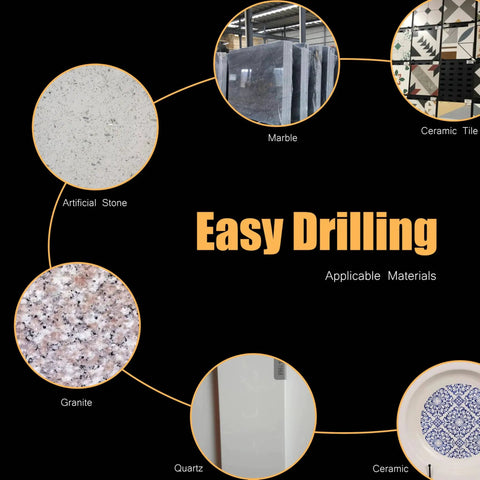 Image showing materials like marble, ceramic tile, artificial stone, granite, quartz, and ceramic for 12 Piece Diamond Hole Saw Set 6mm To 35mm Wet Dry Core Drill Bits For Tile Porcelain Marble Glass And Granite With Durable Case Pro Grade Multi Size Kit For Precision Cutting