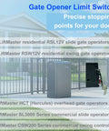 Image of gate opener limit switch with LiftMaster compatibility labels, showcasing precise stopping for gates.