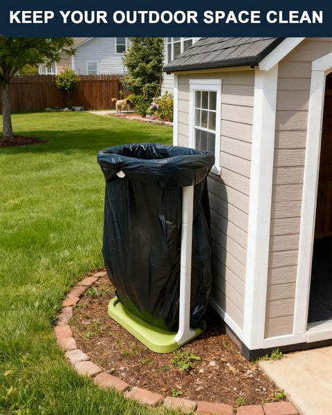 Foldable Trash Bag Holder For On The Go Cleanup Lightweight Collapsible Trash Bag Stand next to outdoor shed