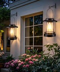 Solar Powered Hanging Lanterns Outdoor Waterproof 2 Pack Decorative Lights for Patio Porch Yard Balcony Table with 2700K Warm White Glow Easy Hang Hooks and Safety Buckle Perfect Gift for Women Moms illuminating a garden wall, highlighting flowers.