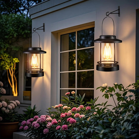 Solar Powered Hanging Lanterns Outdoor Waterproof 2 Pack Decorative Lights for Patio Porch Yard Balcony Table with 2700K Warm White Glow Easy Hang Hooks and Safety Buckle Perfect Gift for Women Moms illuminating a garden wall, highlighting flowers.