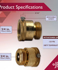 Three Quarter Inch Solid Brass Hose Bib Backflow Preventer For Garden Spigot And RV, showing 3/4 inch female thread and features