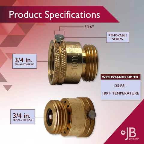 Three Quarter Inch Solid Brass Hose Bib Backflow Preventer For Garden Spigot And RV, showing 3/4 inch female thread and features