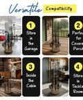 16 Rod Round Fishing Rod Holder For Garage With 360 Degree Access in various indoor settings, showcasing versatility and camouflage finish.