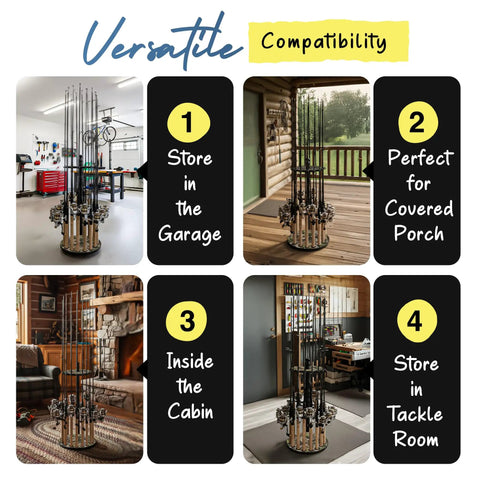 16 Rod Round Fishing Rod Holder For Garage With 360 Degree Access in various indoor settings, showcasing versatility and camouflage finish.
