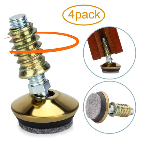 Swivel Furniture Levelers Set, Heavy Duty Go To Adjustable Table Leg Levelers for Tables Chairs and Cabinets, Three Eighths By Sixteen Thread, Brass Base With Four Felt Pads, Solid Steel Core, 4 Pack
