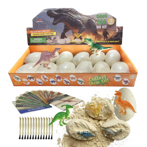 Interactive Dinosaur Eggs Dig Kit Hands On With 12 Pieces Dino Excavation Bricks displayed with dinosaurs and tools