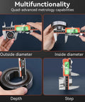 Rechargeable 6 Inch Digital Caliper With Large LCD Screen Stainless Steel Vernier Caliper For Fraction Inch Metric Conversions Auto Off USB Charge Long Battery Life Handy Precision Tool demonstrating multifunctionality for measuring outside diameter, inside diameter, depth, and step of an object.