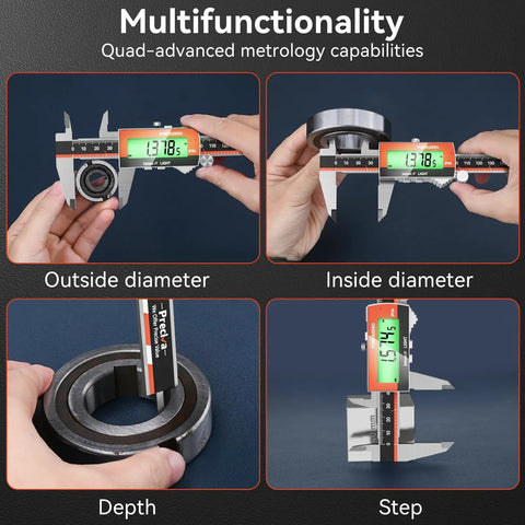 Rechargeable 6 Inch Digital Caliper With Large LCD Screen Stainless Steel Vernier Caliper For Fraction Inch Metric Conversions Auto Off USB Charge Long Battery Life Handy Precision Tool demonstrating multifunctionality for measuring outside diameter, inside diameter, depth, and step of an object.