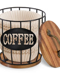 Large Capacity Coffee Filter Holder With Lid showing wood top and metal wire design, for countertop coffee station decor.